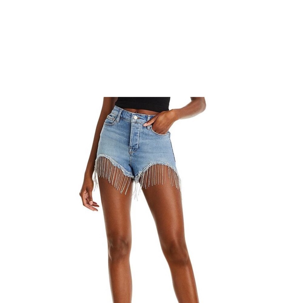 Good American Blue Jean Shorts with Beaded Fringe
